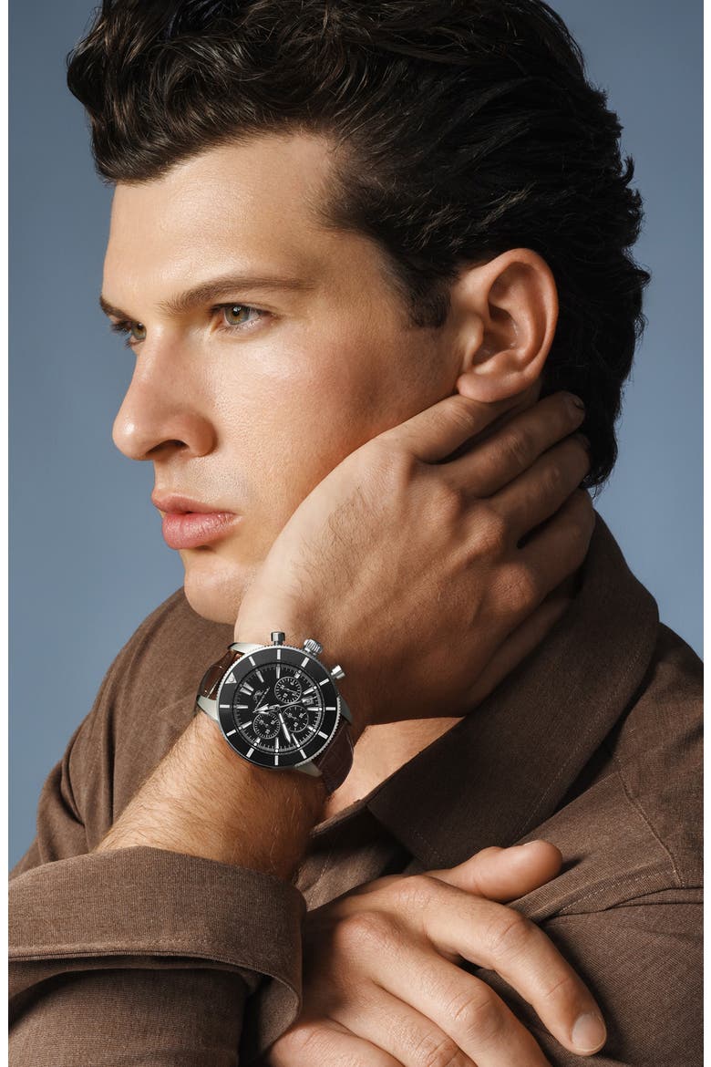Brandon Leather Strap Chronograph, 44mm, Alternate, color, BLACK-COGNAC