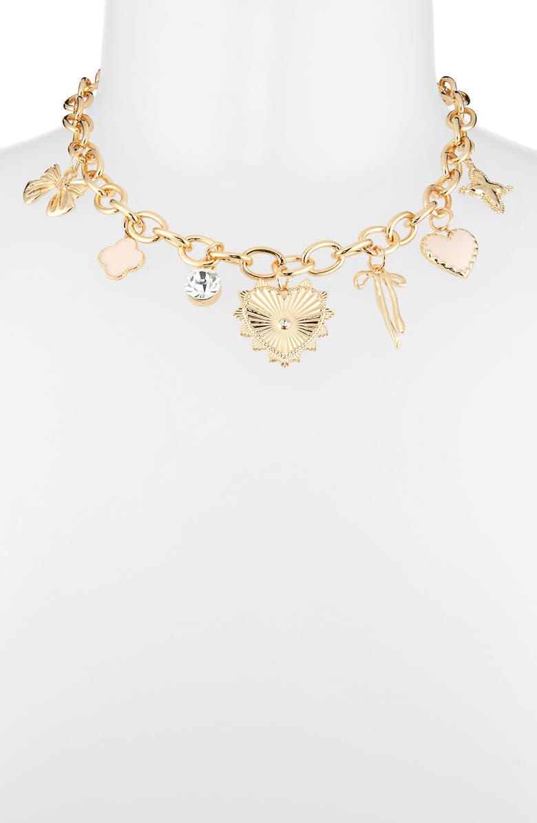 Tasha Heart & Bow Charm Necklace, Alternate, color, Gold