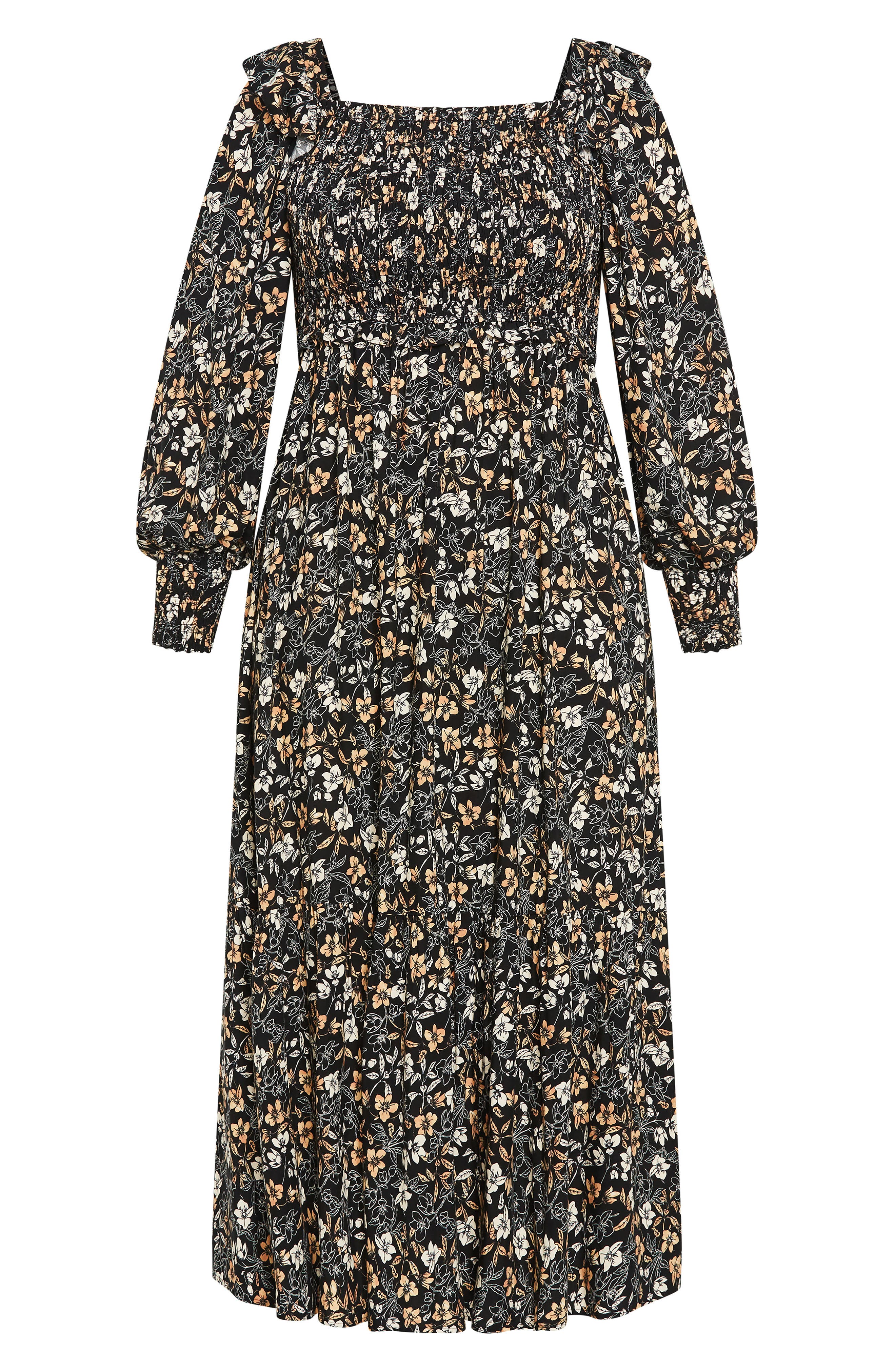 City Chic Avana Floral Long Sleeve Midi Dress In Black