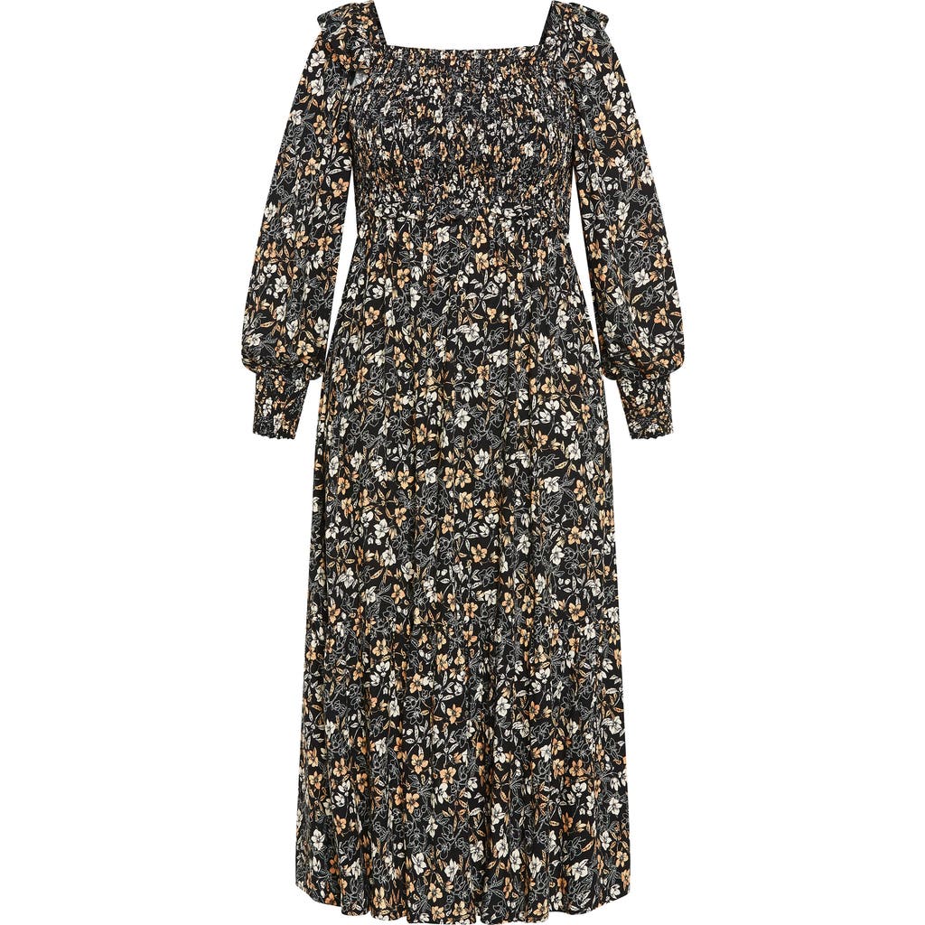 City Chic Avana Floral Long Sleeve Midi Dress In Black