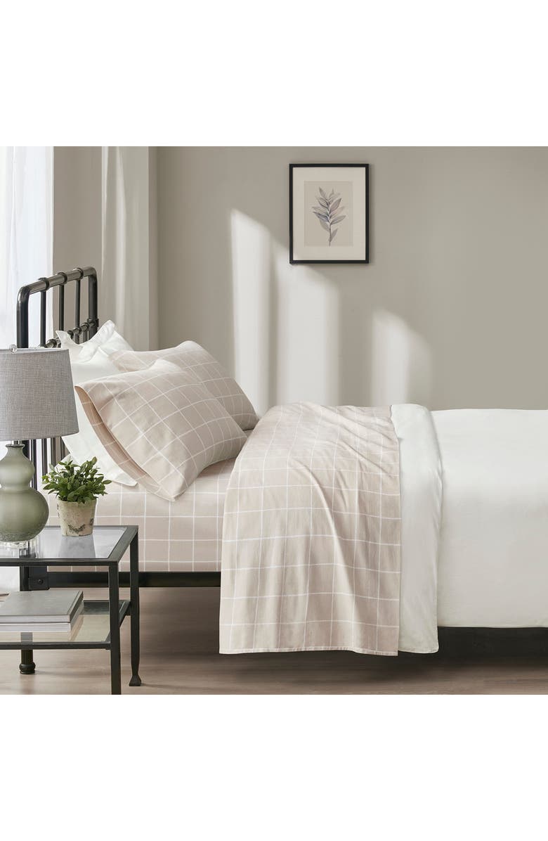 BEAUTYREST Oversized Flannel 4-Piece Cotton Sheet Set, Alternate, color, Beige Windowpane