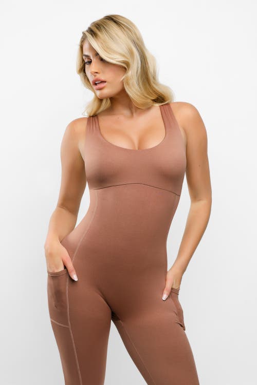 Popilush Shapewear U-neck Thigh Slimming Butt Lift Jumpsuit In Cherry Wood