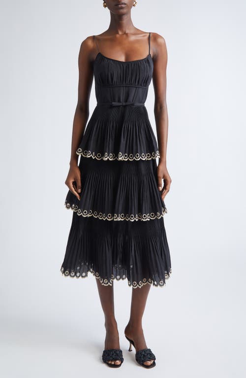 Zimmermann Scalloped Eyelet Trim Tiered Midi Dress In Multi