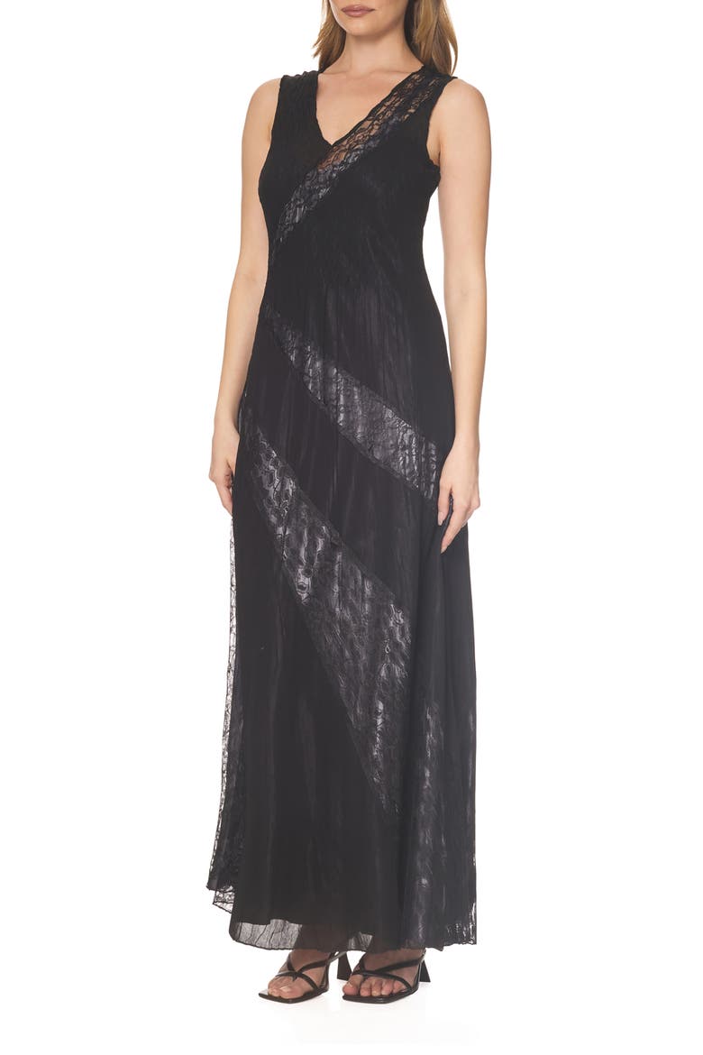 Lace Inset Chiffon & Charmeuse Gown, Alternate, color, BLACK/ TRUE STEEL