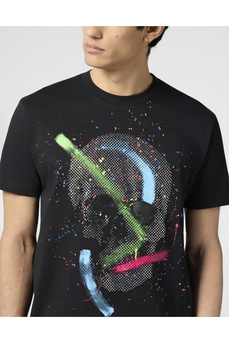 Round Neck T-Shirt Paint Splash Skull Men, Alternate, color, black
