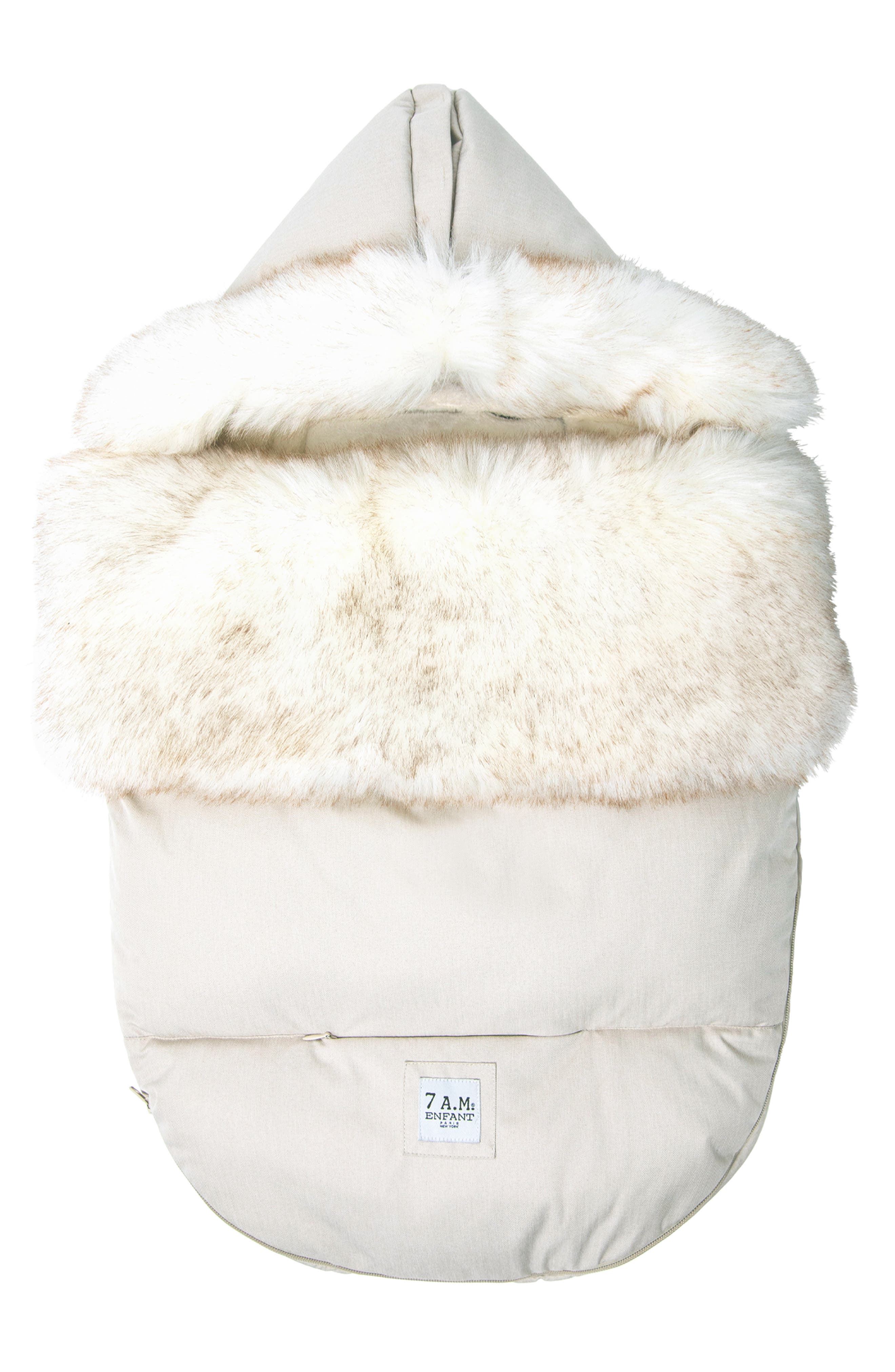 7 A.M. Enfant PlushPOD Tundra Water Repellent Faux Fur Lined Car Seat/Stroller Bunting in Beige Heather White Fur 