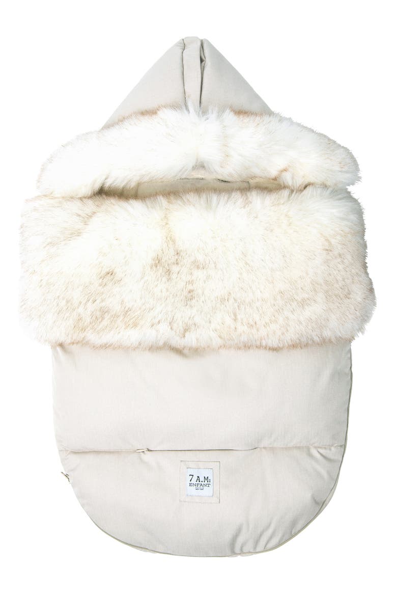 PlushPOD Tundra Water Repellent Faux Fur Lined Car Seat/Stroller Bunting, Main, color, BEIGE HEATHER WHITE FUR