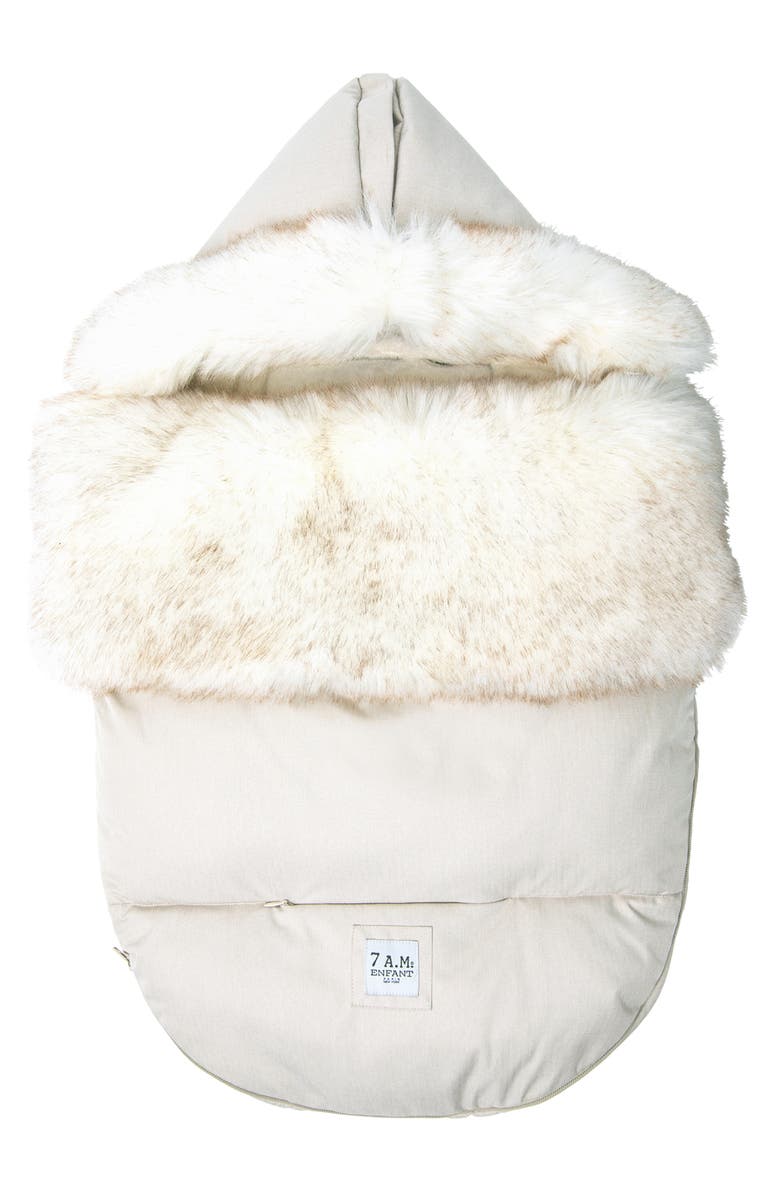 7 A.M. Enfant PlushPOD Tundra Water Repellent Faux Fur Lined Car Seat/Stroller Bunting, Main, color, Beige Heather White Fur