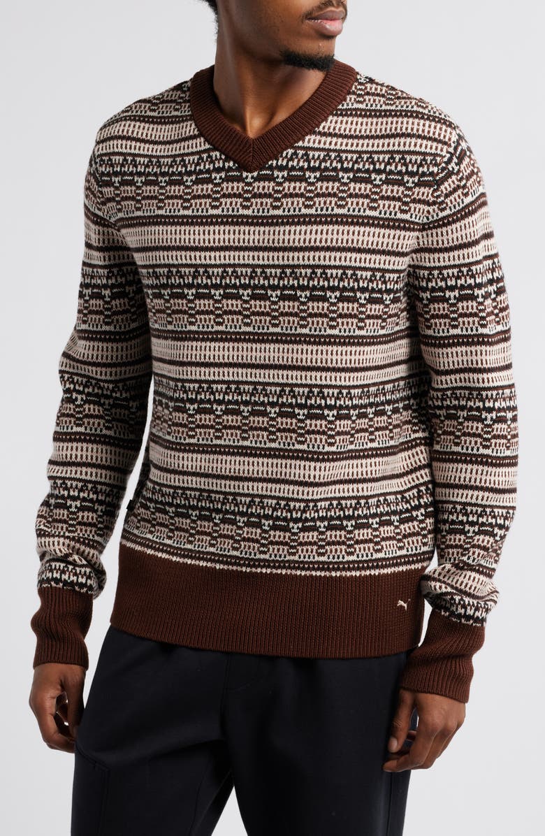 PUMA x The Brooklyn Circus Stripe Wool Blend V-Neck Sweater, Main, color,