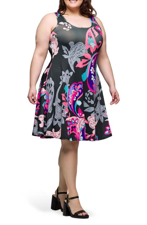 24seven Comfort Apparel Plus Size Print Sleeveless Knee Length Tank Swing Dress In Pink Multi