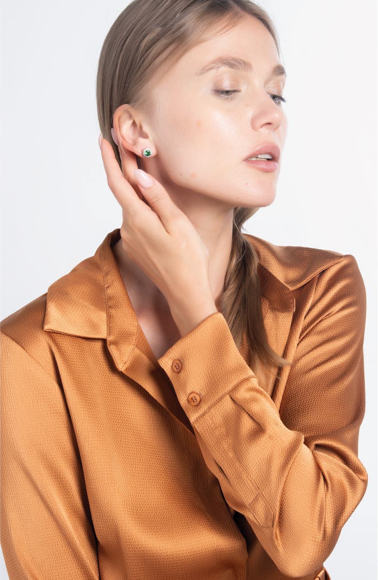 BEST SILVER Sterling Silver Brilliant Cubic Zirconia Halo Round Stud Earrings, Alternate, color, Emerald/ Silver