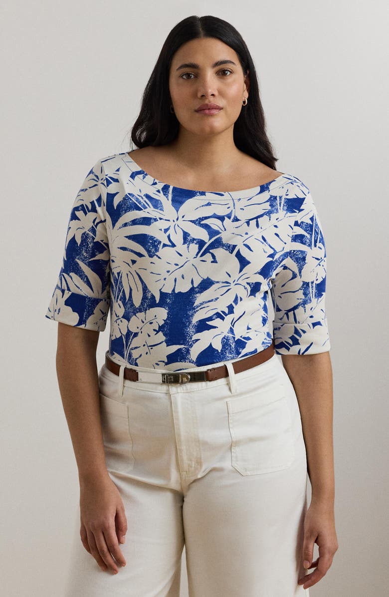 Lauren Ralph Lauren Palm Front Print Stretch Cotton Boatneck T-Shirt, Alternate, color,