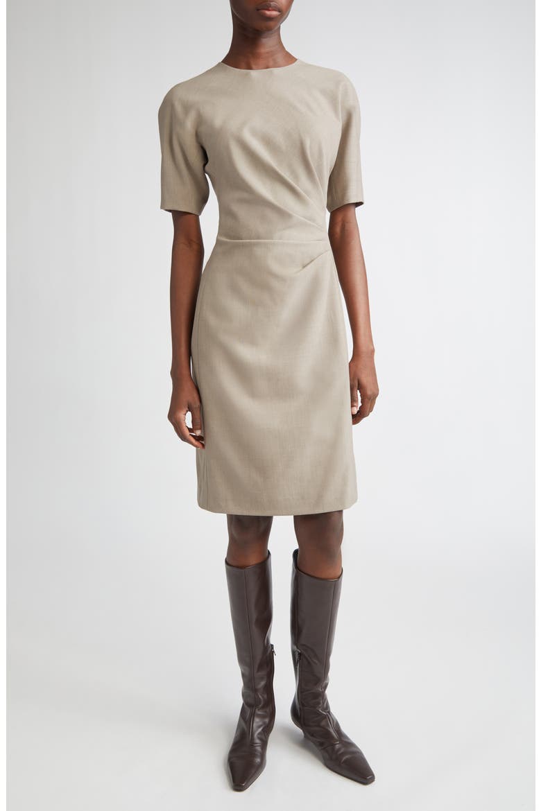 Short Sleeve Pleated Waist Responsible Stretch Wool Dress, Main, color, HICKORY MELANGE