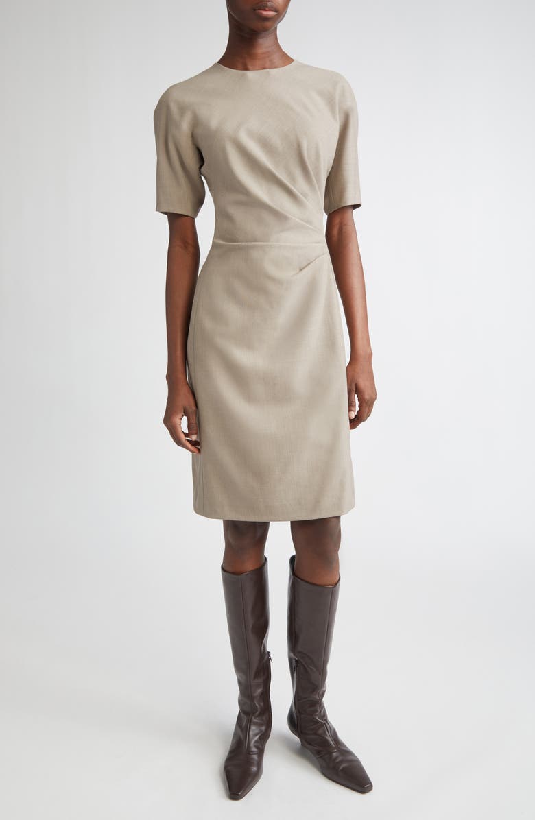 Lafayette 148 New York Short Sleeve Pleated Waist Responsible Stretch Wool Dress, Main, color, Hickory Melange