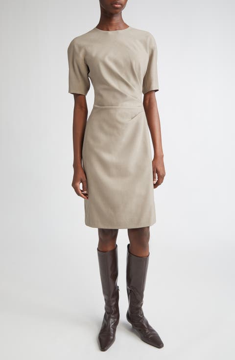 Short Sleeve Pleated Waist Responsible Stretch Wool Dress