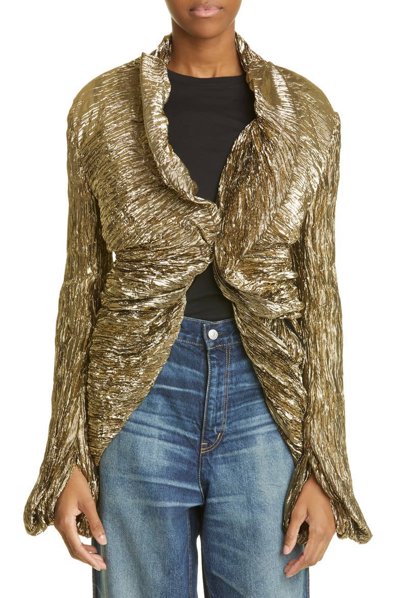 Crinkled Metallic Taffeta Jacket, Main, color, GOLD/ BLACK