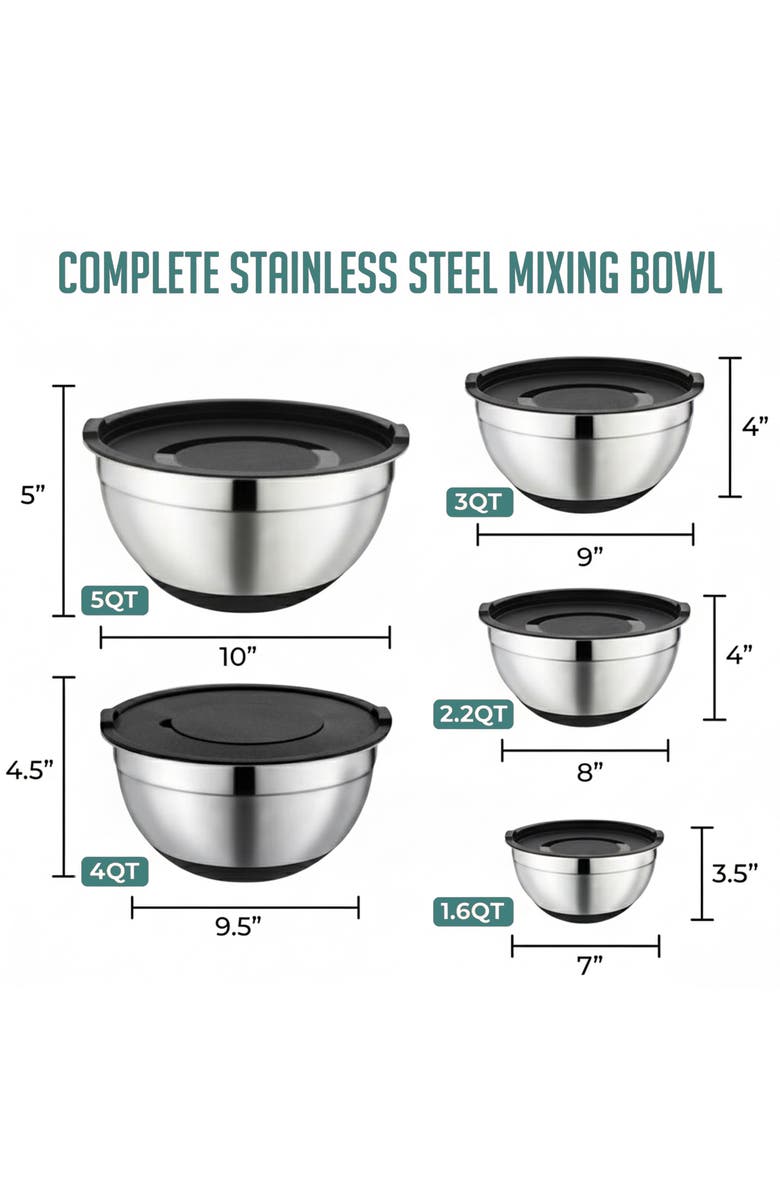 Luminuxe Durable Stainless Steel Nesting Mixing Bowl Set 5-Piece, Alternate, color, Silver