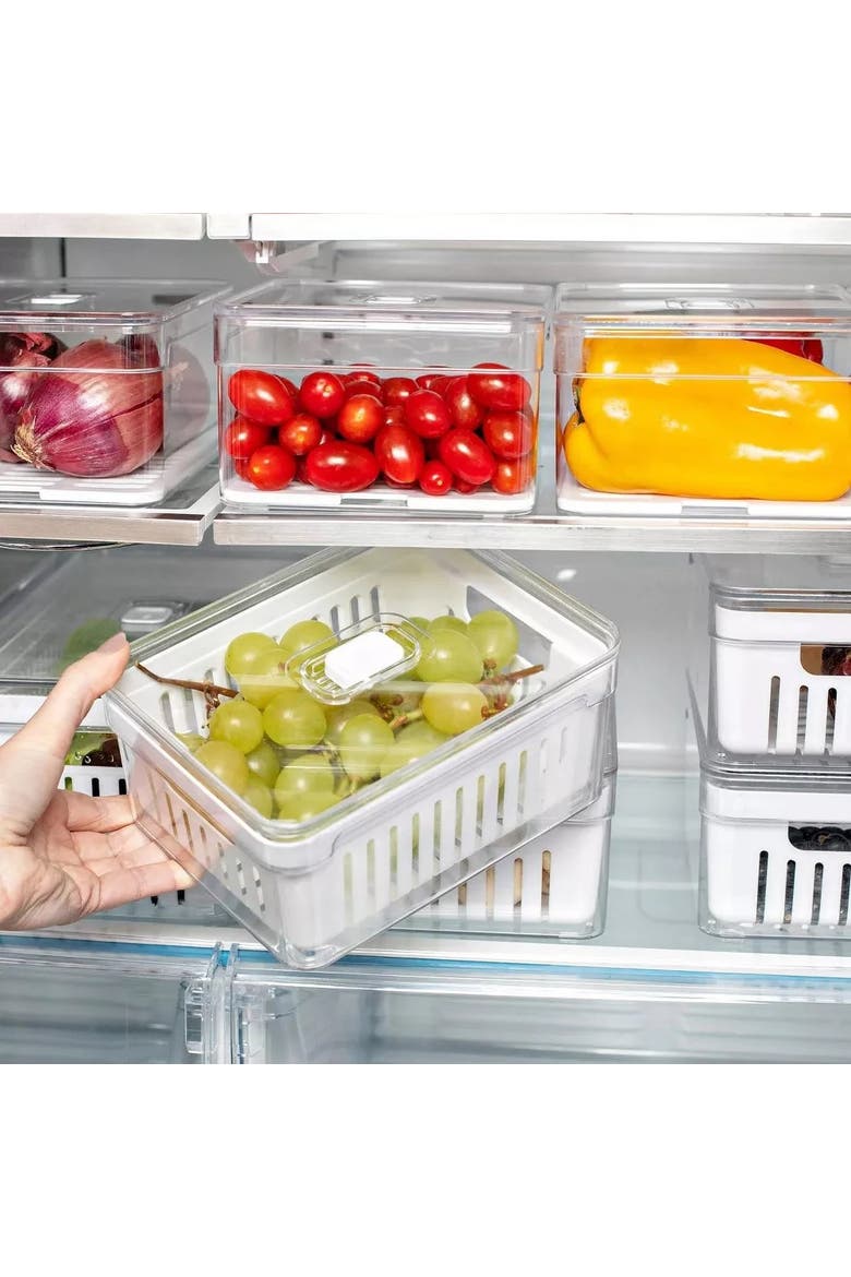 Clear Stackable Fridge Organizer Bin with Drain Basket and Vented Lid, 2.3 Quart Capacity, Alternate, color, Clear with White Drainer
