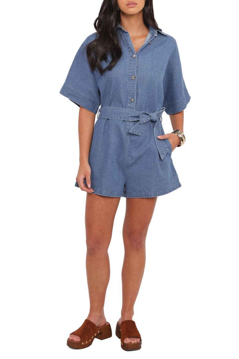 Hailey Belted Cotton Denim Romper, Main, color, INDIGO