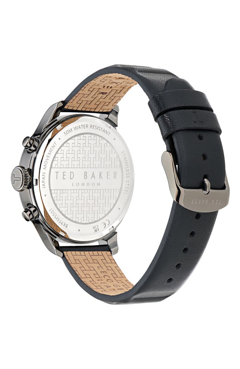 Ted Baker Fulmaar Chronograph Leather Strap Watch, 44mm, Alternate, color, Black