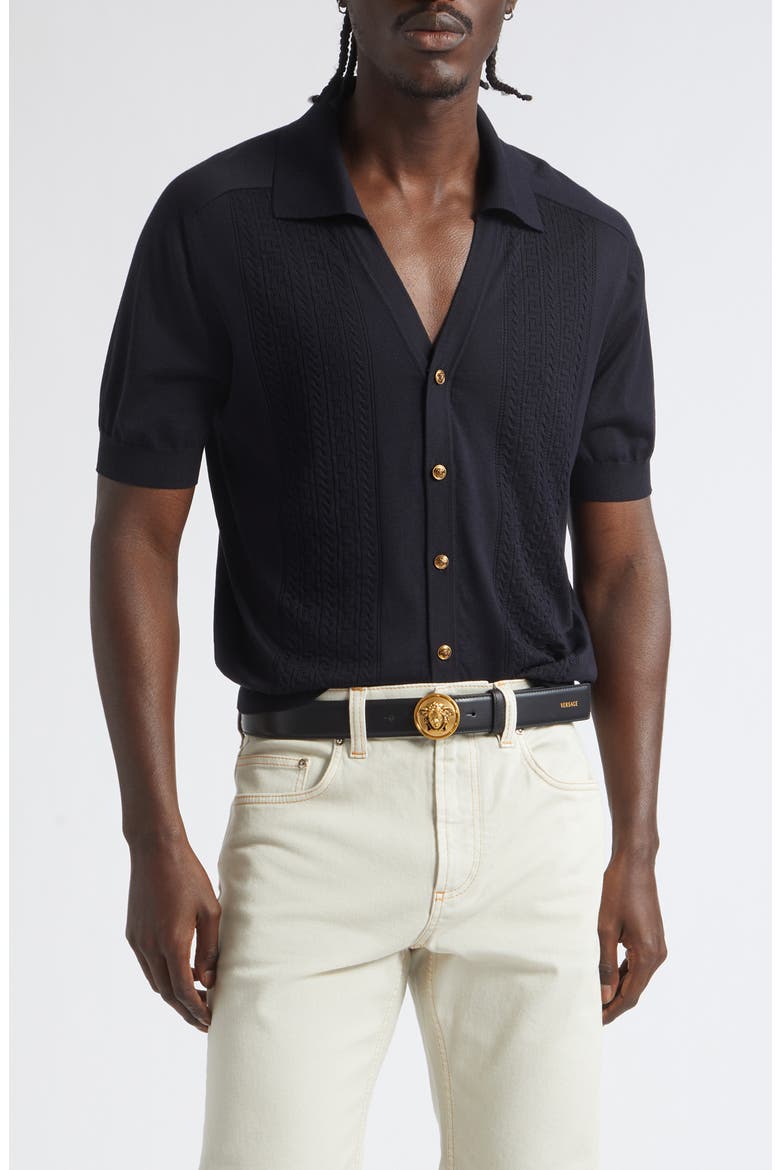 Greca Stitch Short Sleeve Cardigan, Main, color, NAVY