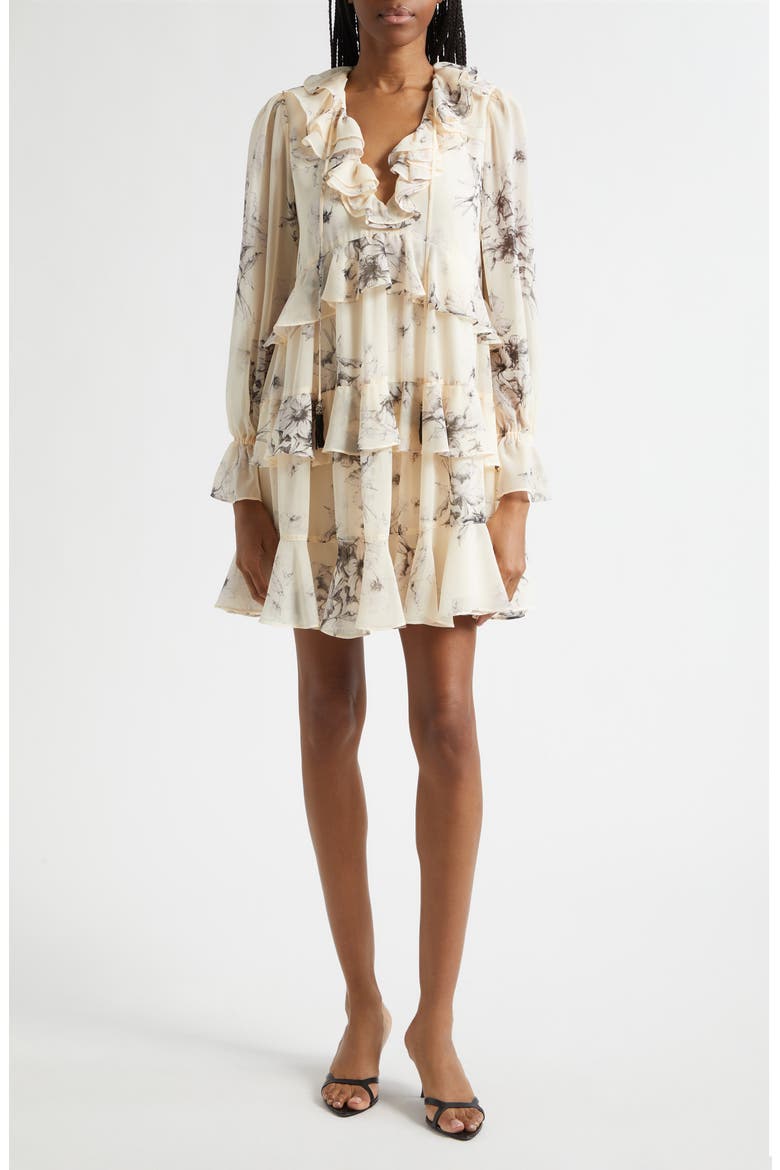 Sacha Floral Tiered Ruffle Trim Dress, Main, color, GARDENIA/ BLACK