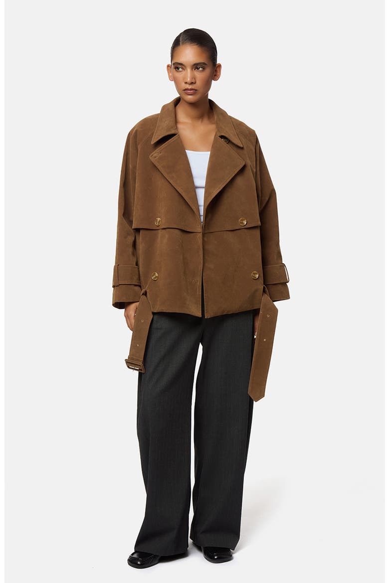 Gaia Faux Suede Short Trench Coat, Alternate, color, SADDLE BROWN