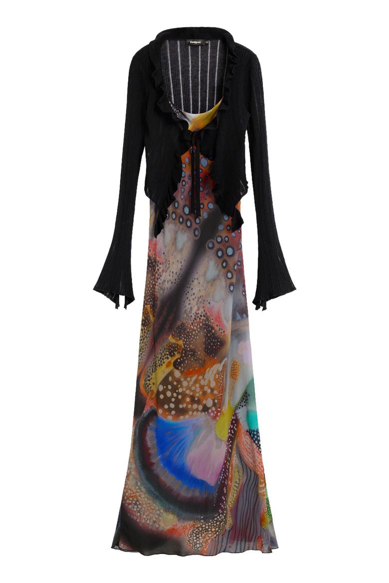 Painterly Midi Dress with Ruffle Bolero, Alternate, color, MULTI