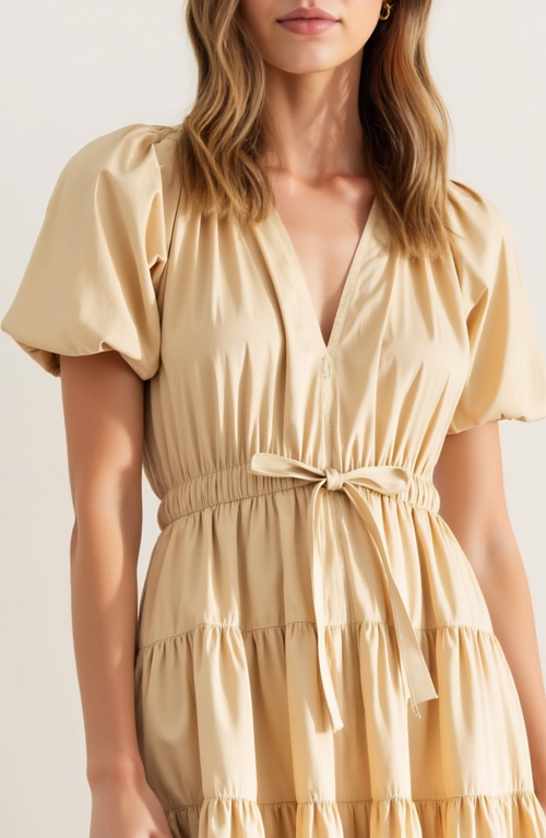Modenaire Tiered Midi Dress With Puff Sleeves And Tie Waist In Yellow