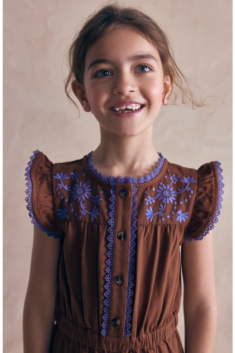 Kids' Flutter Sleeve Denim Jumpsuit, Alternate, color, BROWN EMBROIDERY