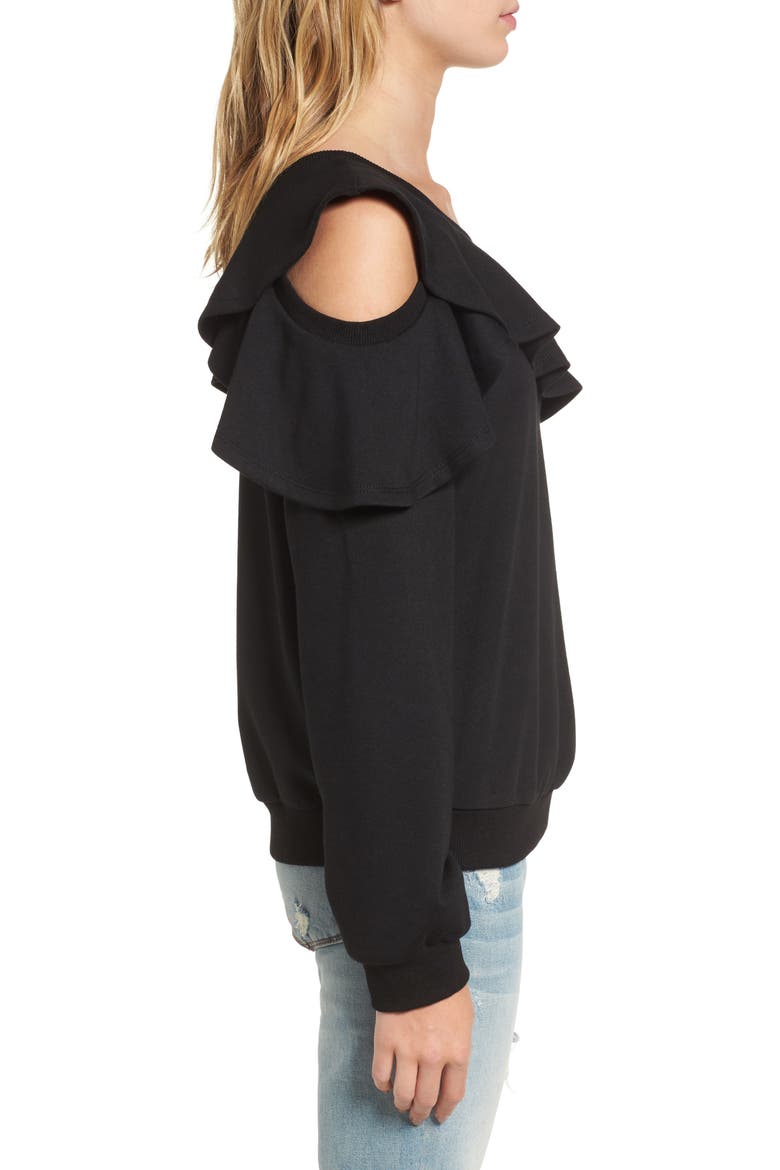 One-Shoulder Ruffle Sweatshirt, Alternate, color, BLACK
