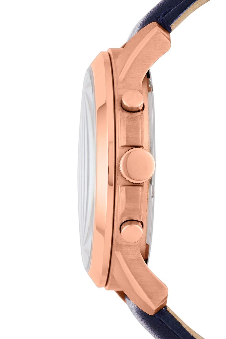 'Grant' Round Chronograph Leather Strap Watch, 44mm, Alternate, color, NAVY/ ROSE GOLD