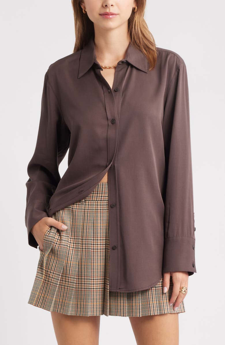 Open Edit Relaxed Fit Long Sleeve Button-Up Shirt, Main, color, Brown Seal