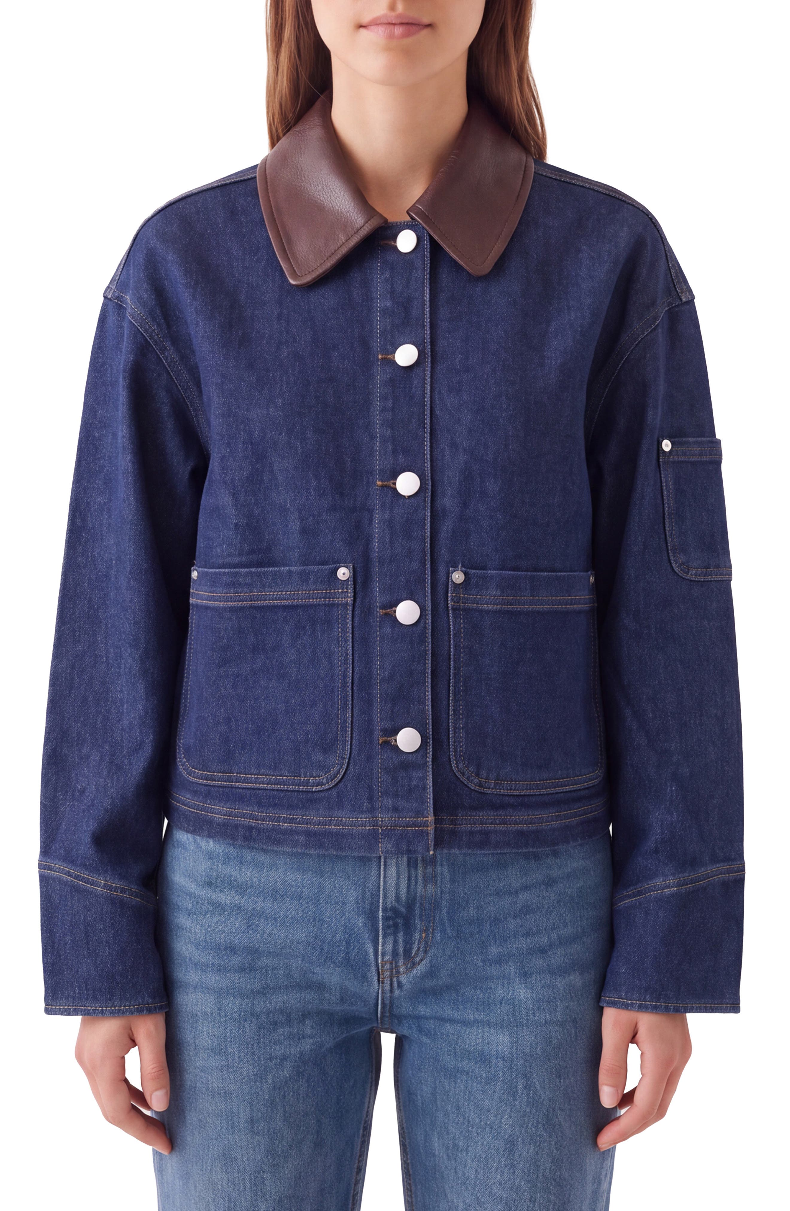 Faux Leather Collar Cropped Denim Trucker Jacket