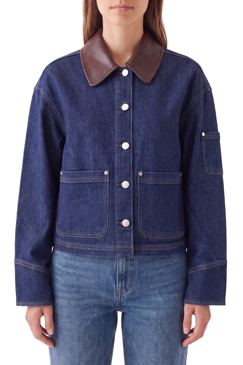 Faux Leather Collar Cropped Denim Trucker Jacket, Main, color, RINSE WASH