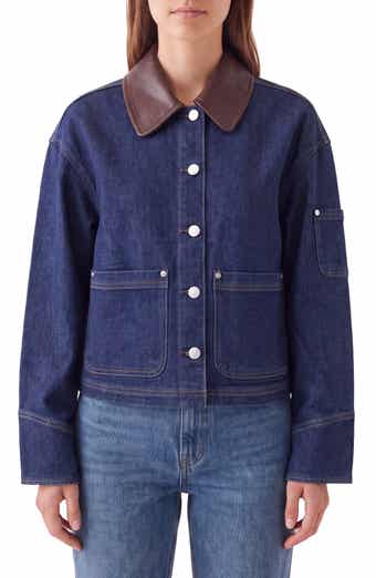 Faux Leather Collar Cropped Denim Trucker Jacket