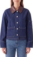 Bagatelle Faux Leather Collar Cropped Denim Trucker Jacket