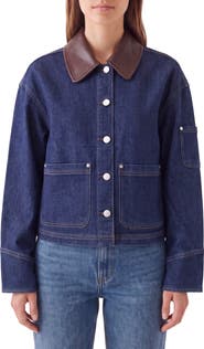 Bagatelle Faux Leather Collar Cropped Denim Trucker Jacket
