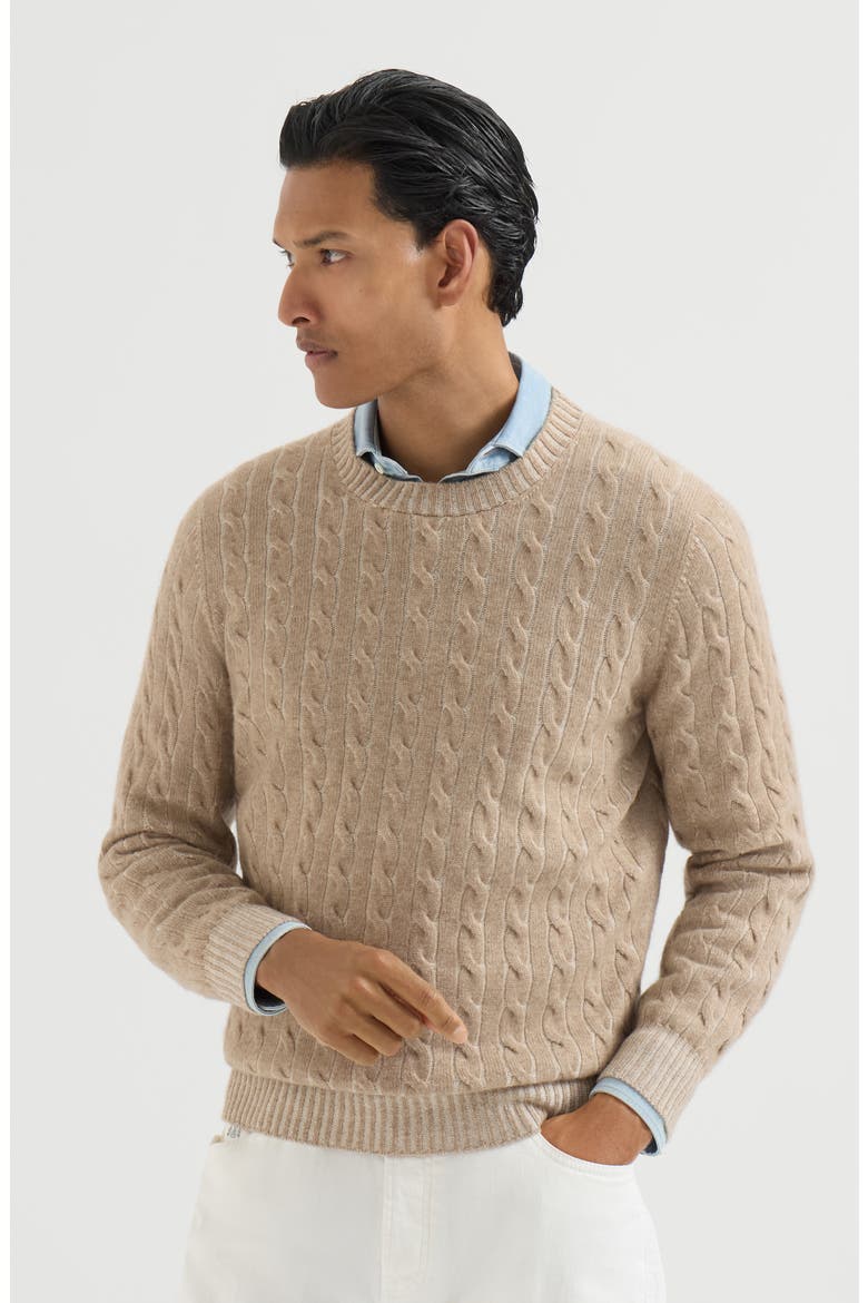 Cashmere vanisé cable knit sweater, Main, color, Brown