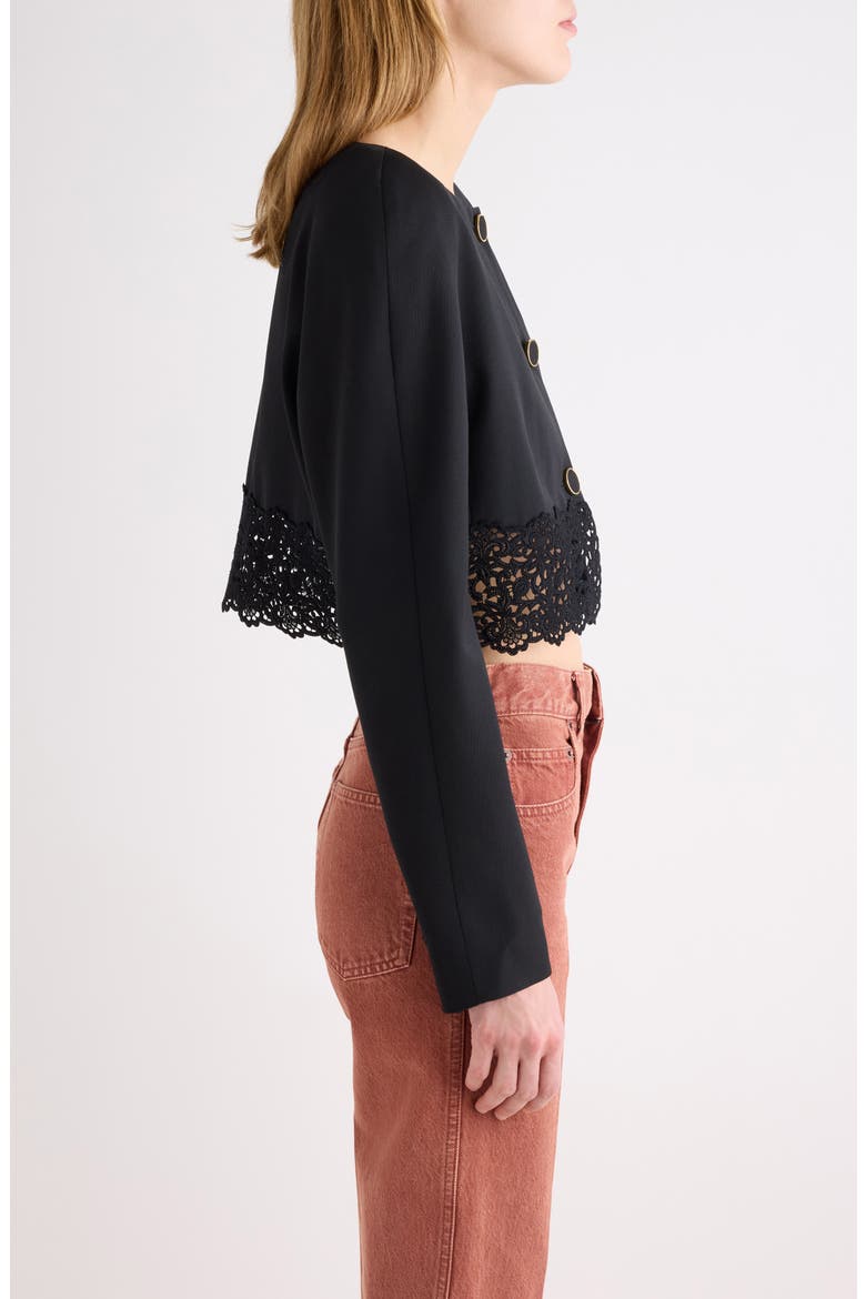 Lace Trim Crop Wool Grain de Poudre Jacket, Alternate, color, BLACK