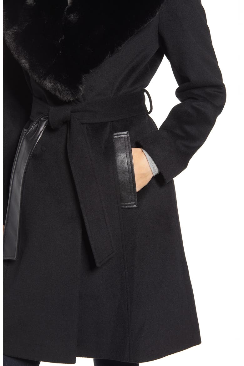 Faux Leather & Wool Blend Coat with Faux Fur Collar, Alternate, color, BLACK