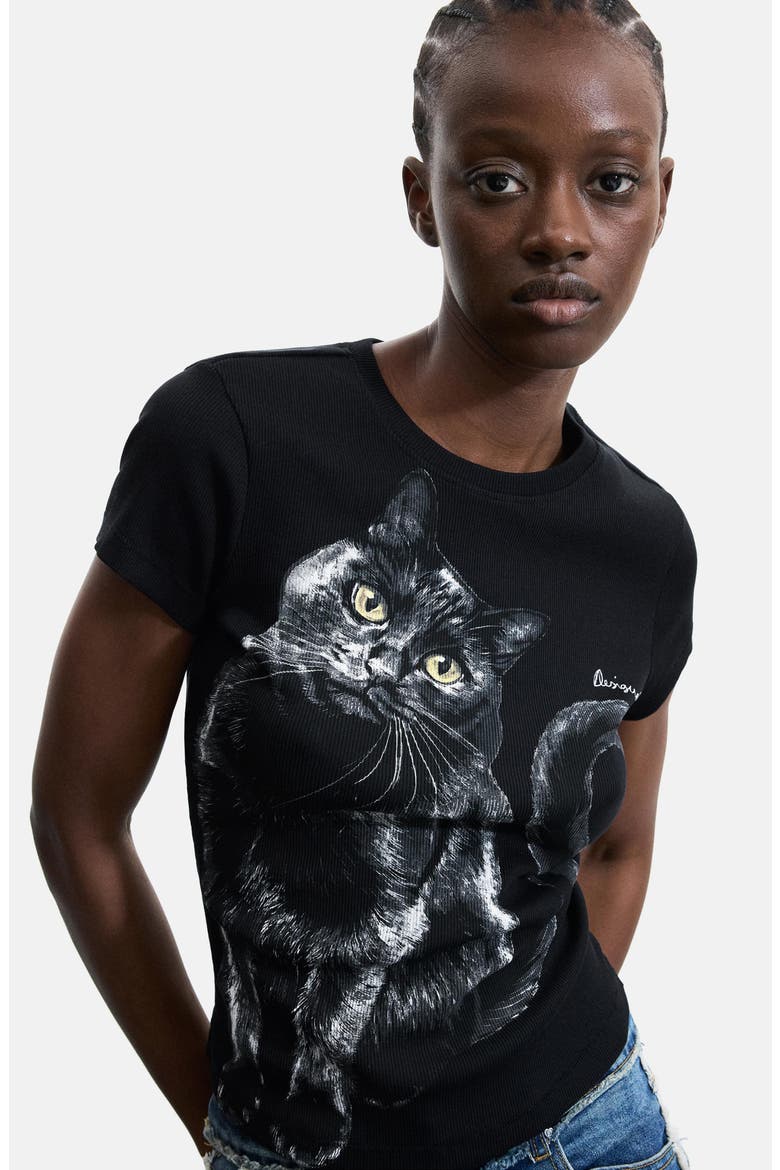 Stretch Cotton Cat Graphic T-Shirt, Alternate, color, BLACK