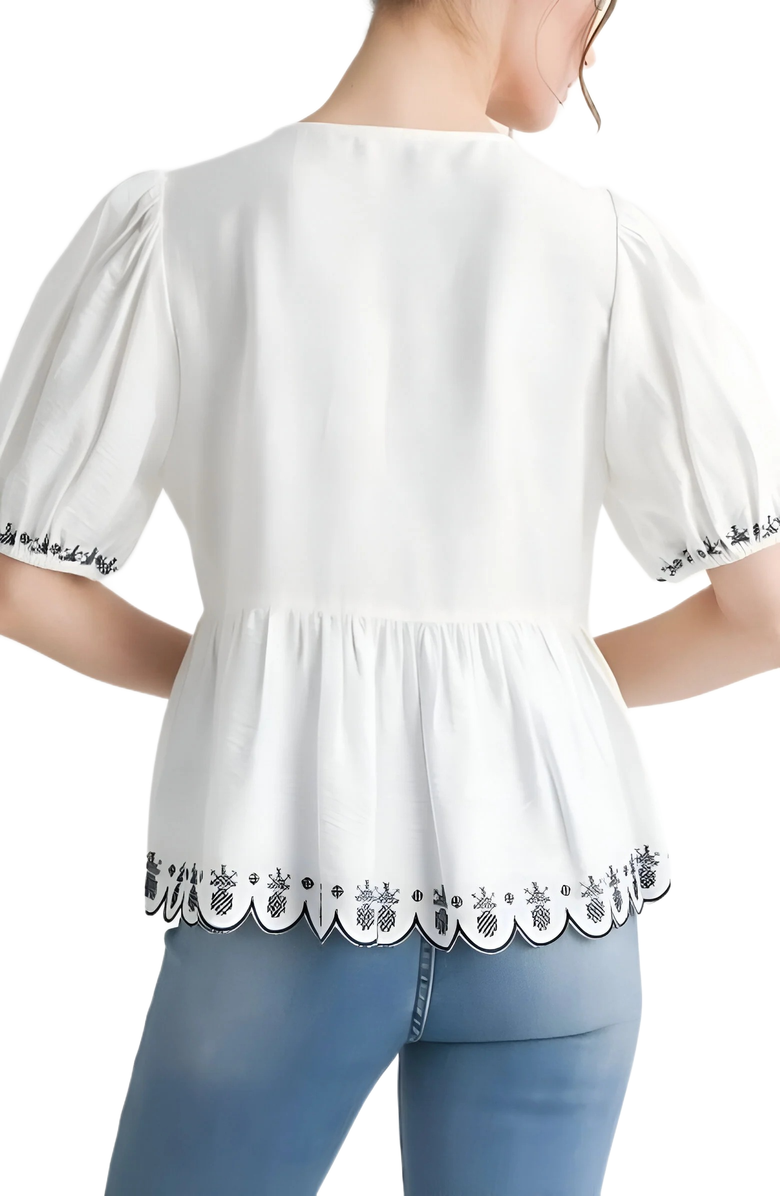 Knit and Lounge Embroidered Puff Sleeve Bow Blouse, Alternate, color, White