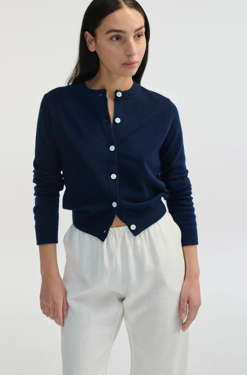 Almina Concept Classic Crew Wool Cardigan In Navy