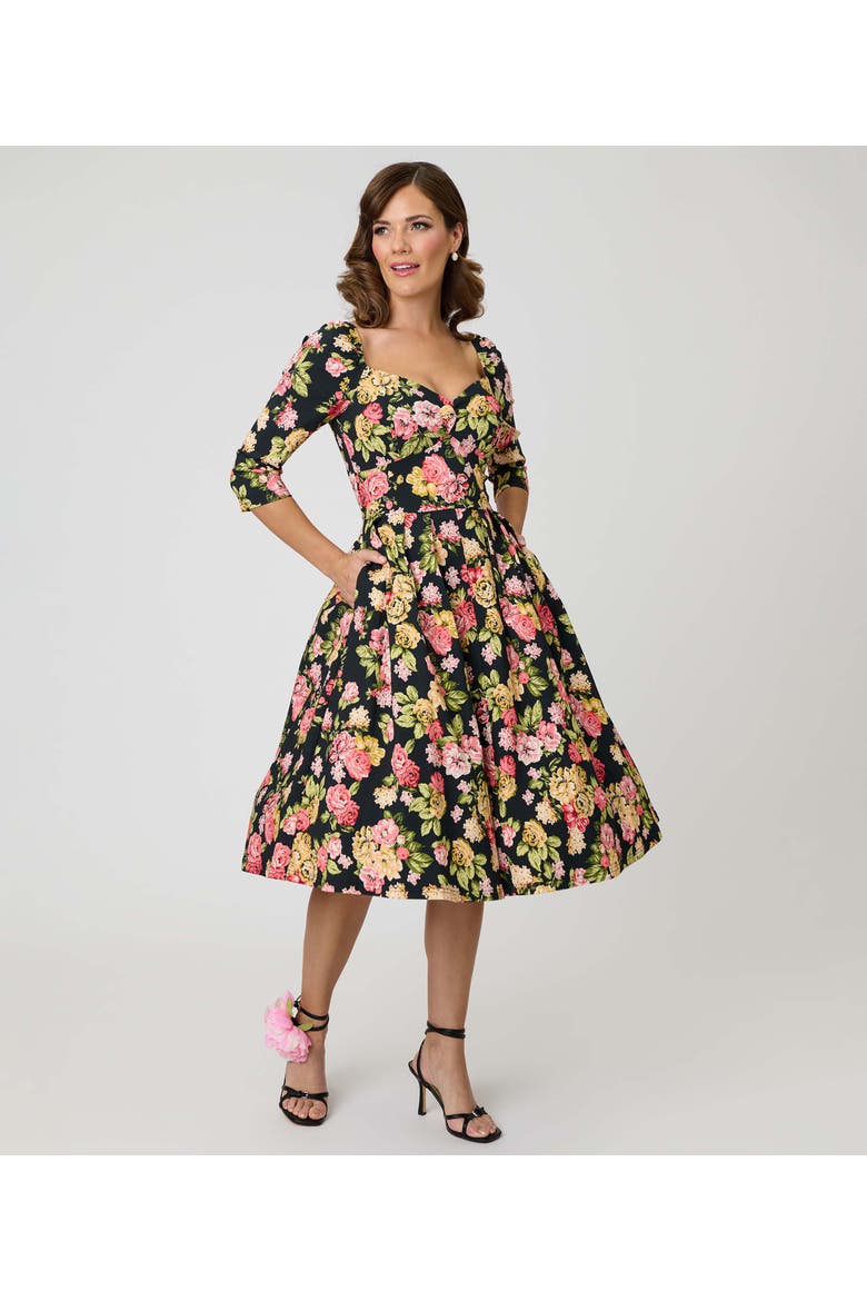 Woven Sweetheart Neckline Lamar Swing Dress, Main, color, Black Floral Print