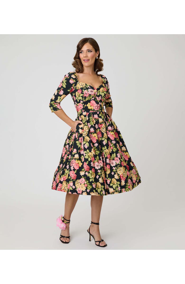 Unique Vintage Woven Sweetheart Neckline Lamar Swing Dress, Main, color, Black Floral Print