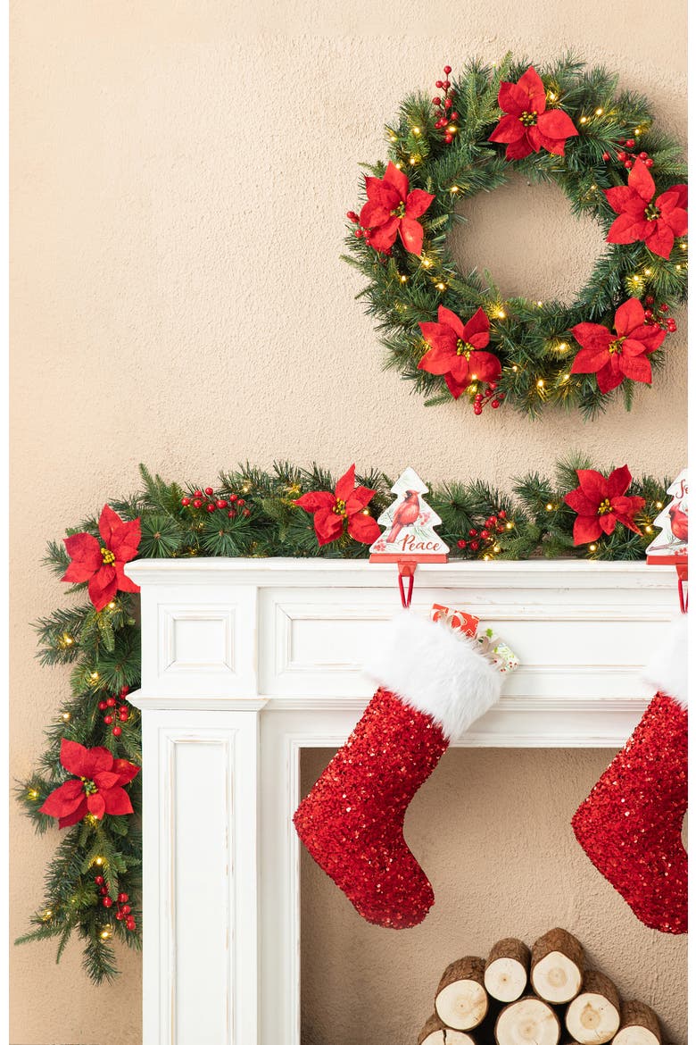 Set of 2 Pre-Lit Poinsettia Christmas Garland with Timer, Alternate, color, Red