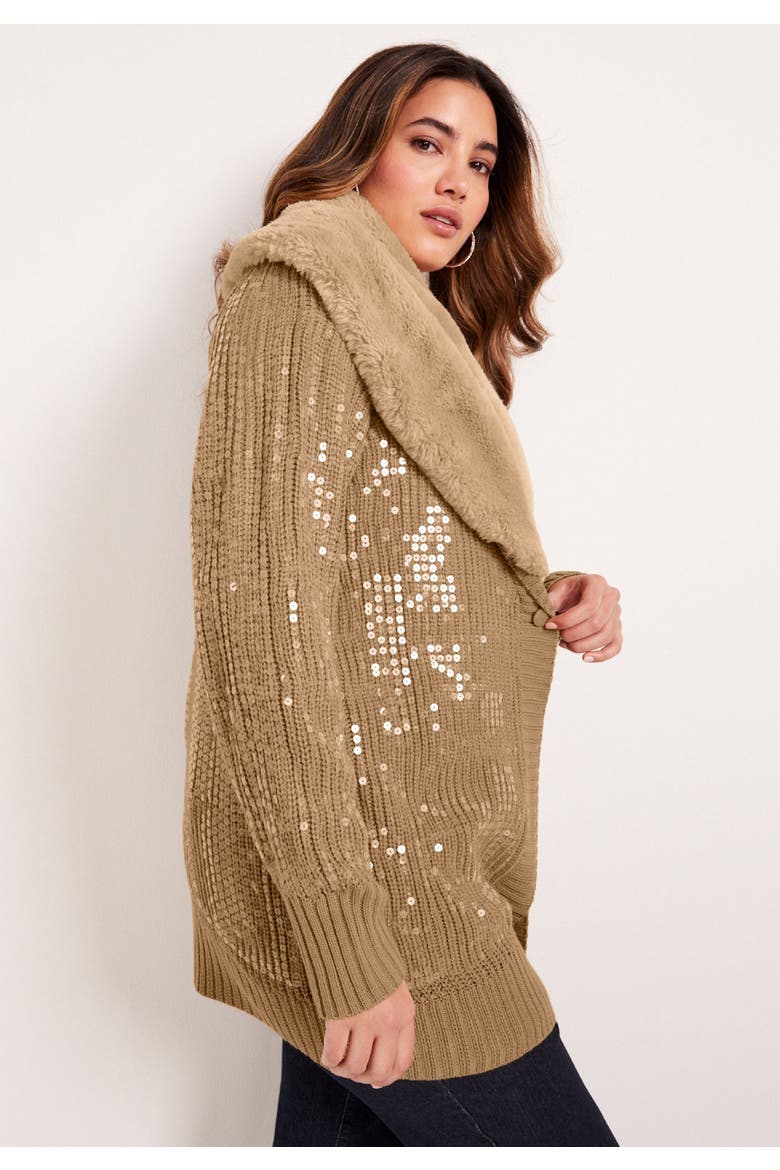 Sequin Button-Up Sweater, Alternate, color, BOLD RED
