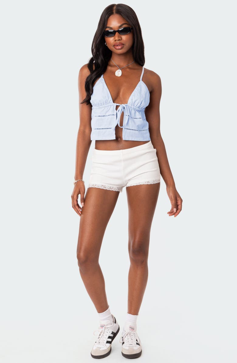 EDIKTED Candy Tie Front Cotton Camisole, Alternate, color, Blue