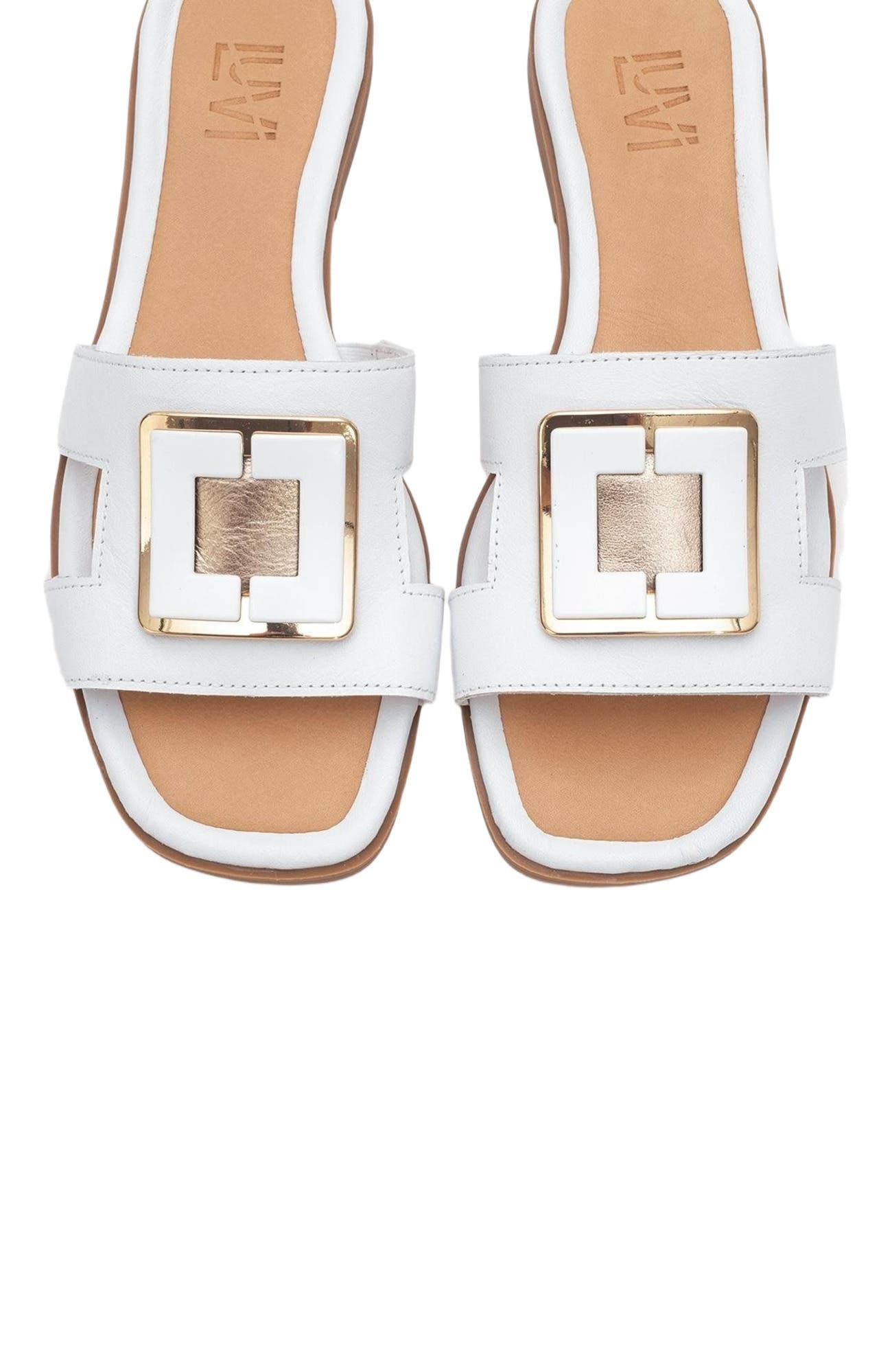Millie Leather Buckle Slide, Alternate, color, White Leather
